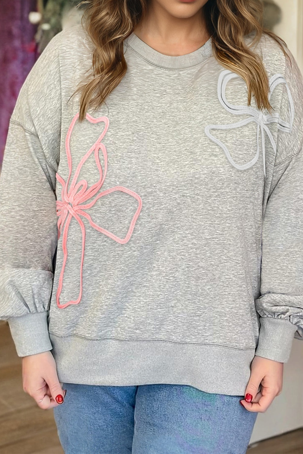 Light Grey Plus Size Thread Embroidered Drop Shoulder Round Neck Sweatshirt-Tops/Sweatshirts & Hoodies-[Adult]-[Female]-2022 Online Blue Zone Planet