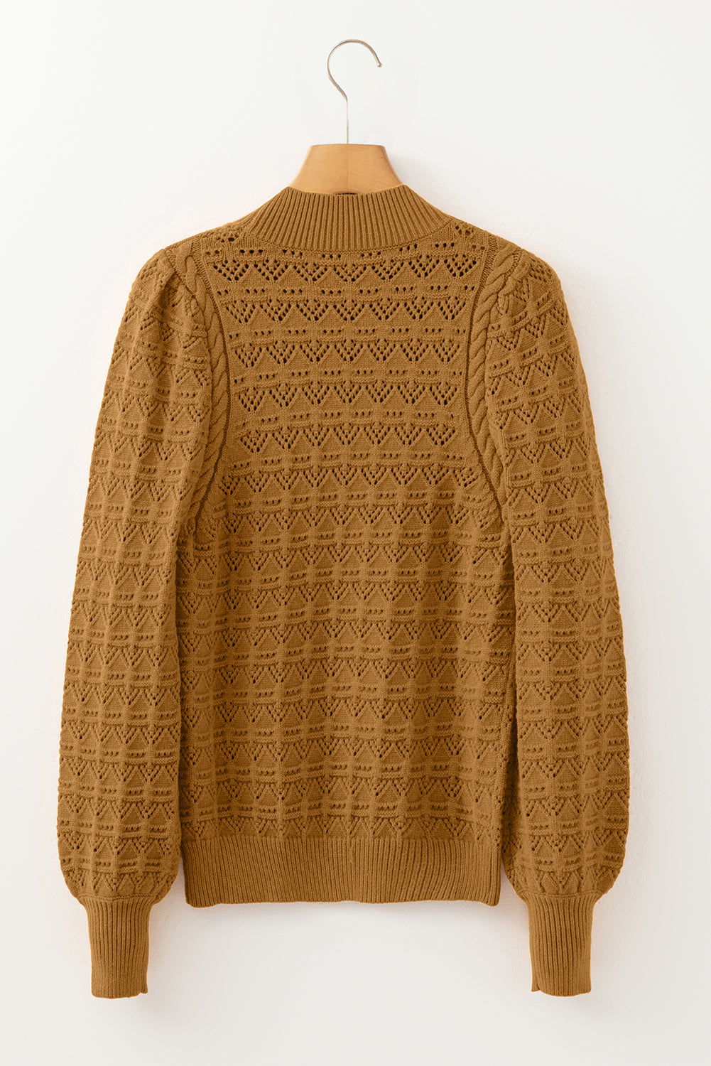 Jurassic Gold Hollow Out Crochet Ribbed Edge Balloon Sleeve Sweater-TOPS / DRESSES-[Adult]-[Female]-2022 Online Blue Zone Planet