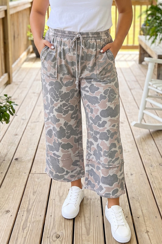 Khaki Camouflage Print Patch Pockets Ankle-Length Plus Size Pants-Plus Size/Plus Size Bottoms-[Adult]-[Female]-Khaki-1X-2022 Online Blue Zone Planet