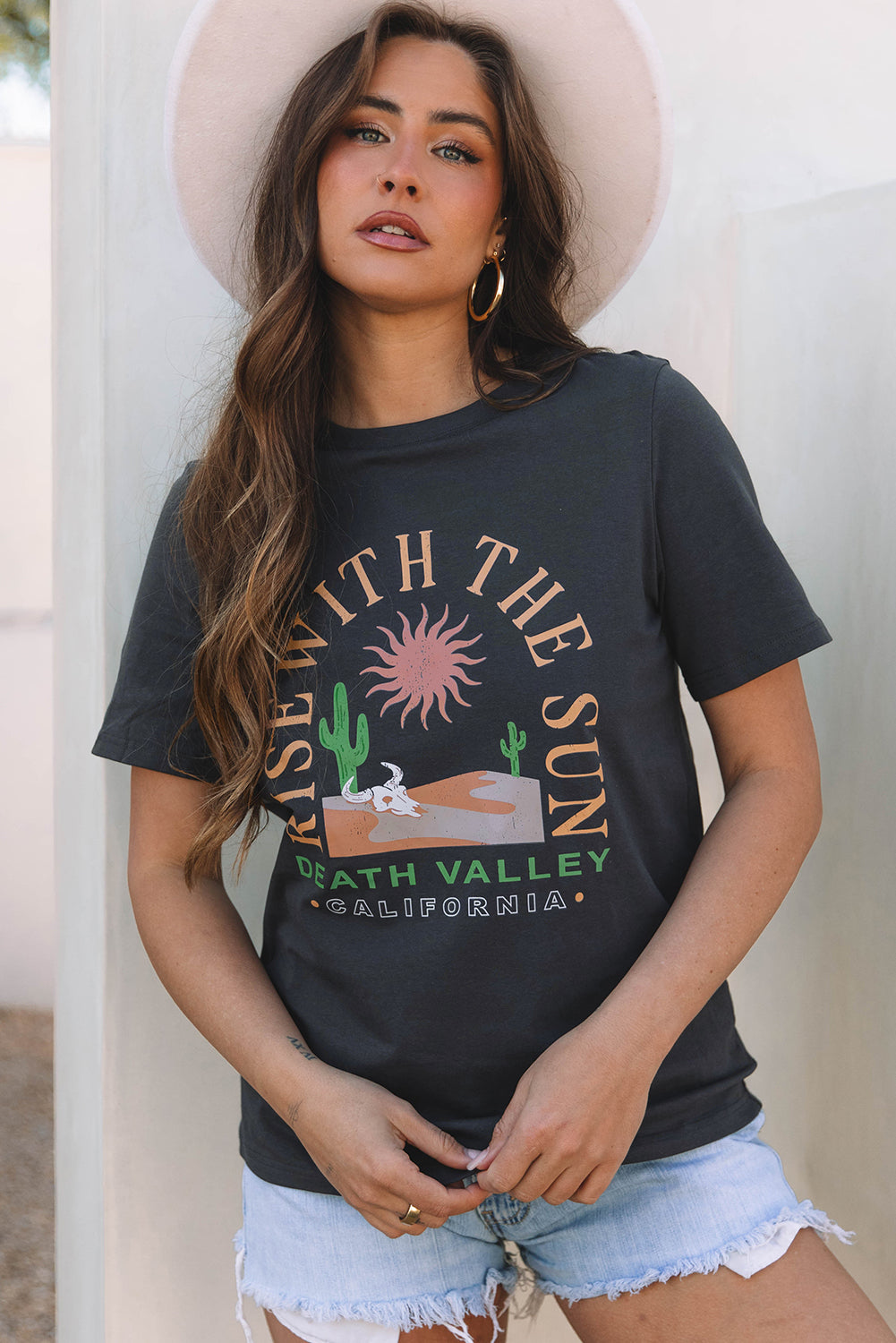 Dark Grey RISE WITH THE SUN Western Fashion Graphic Tee-Tops/Tops & Tees-[Adult]-[Female]-2022 Online Blue Zone Planet
