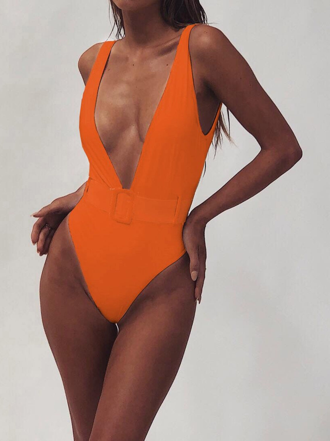 Plunge Wide Strap Sleeveless One-Piece Swimwear-TOPS / DRESSES-[Adult]-[Female]-Orange-S-2022 Online Blue Zone Planet