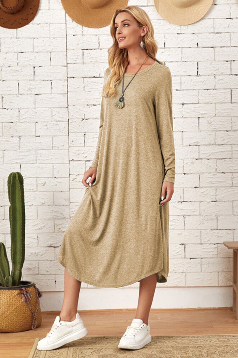 Pocketed Round Neck Long Sleeve Tee Dress-TOPS / DRESSES-[Adult]-[Female]-2022 Online Blue Zone Planet