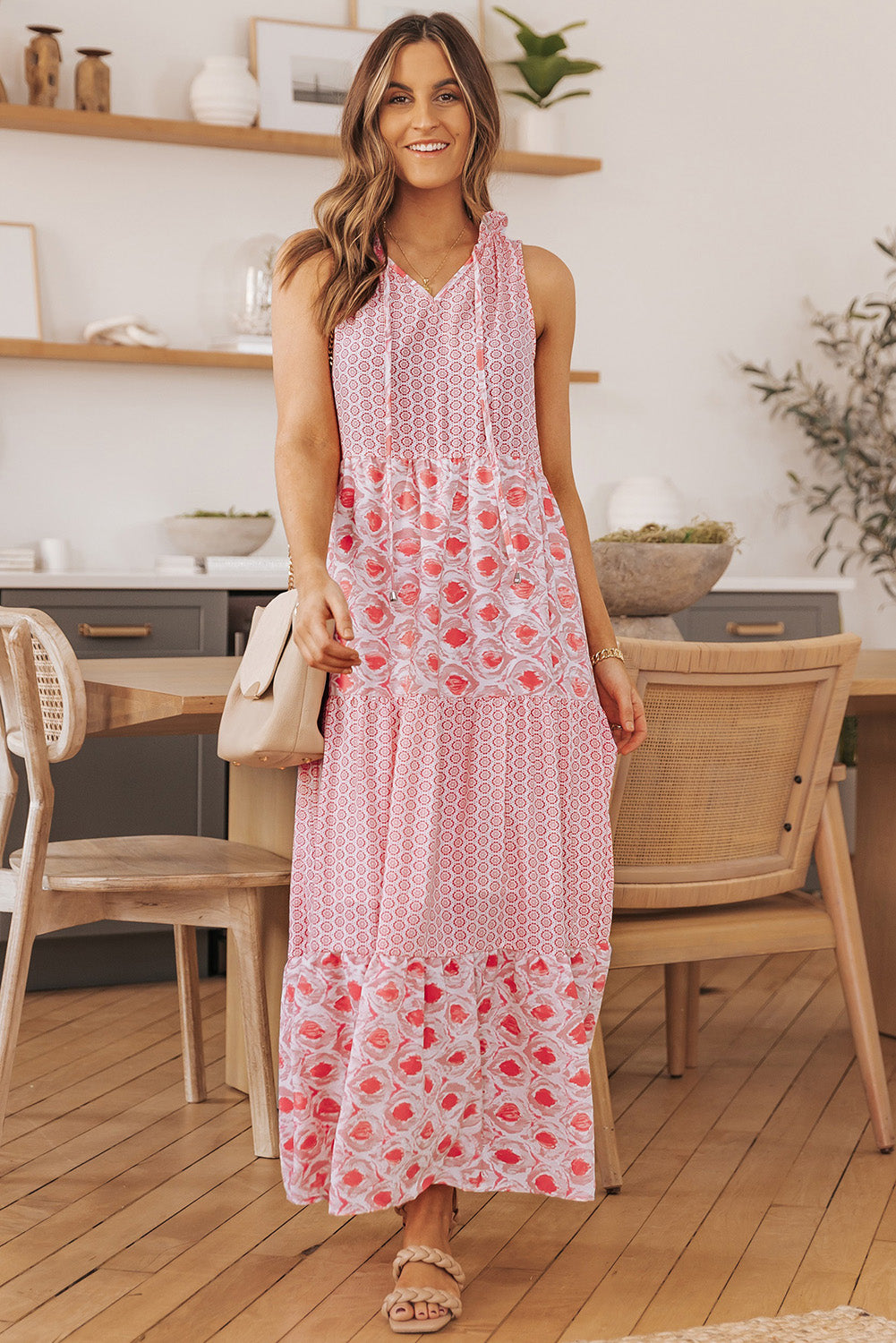 Blue Zone Planet | Pink Abstract Print Split Neck Sleeveless Maxi Dress-TOPS / DRESSES-[Adult]-[Female]-2022 Online Blue Zone Planet