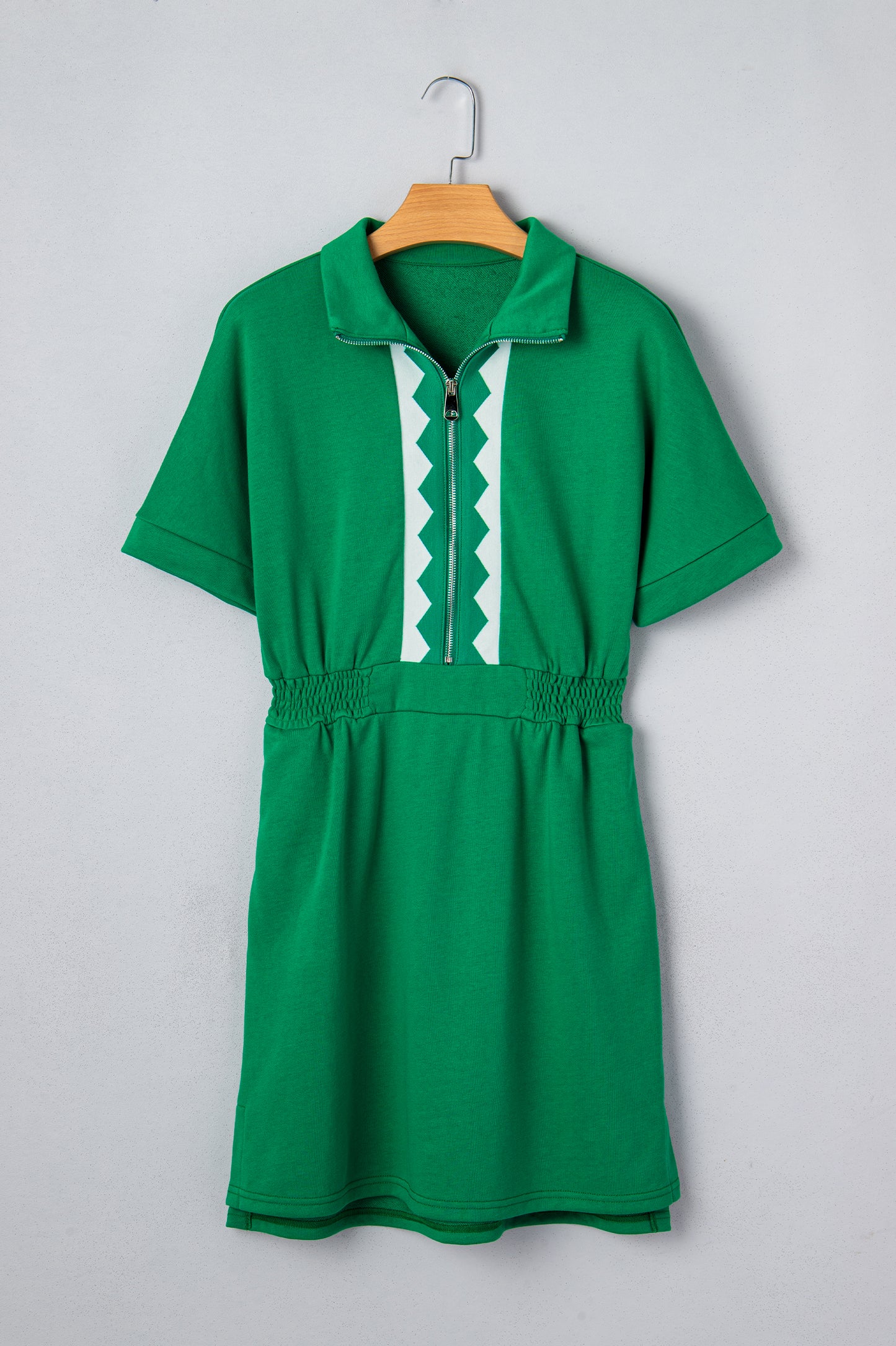 Bright Green Contrast Patchwork Half Zip Elastic Waist Short Sleeve Mini Dress-Dresses/Mini Dresses-[Adult]-[Female]-2022 Online Blue Zone Planet