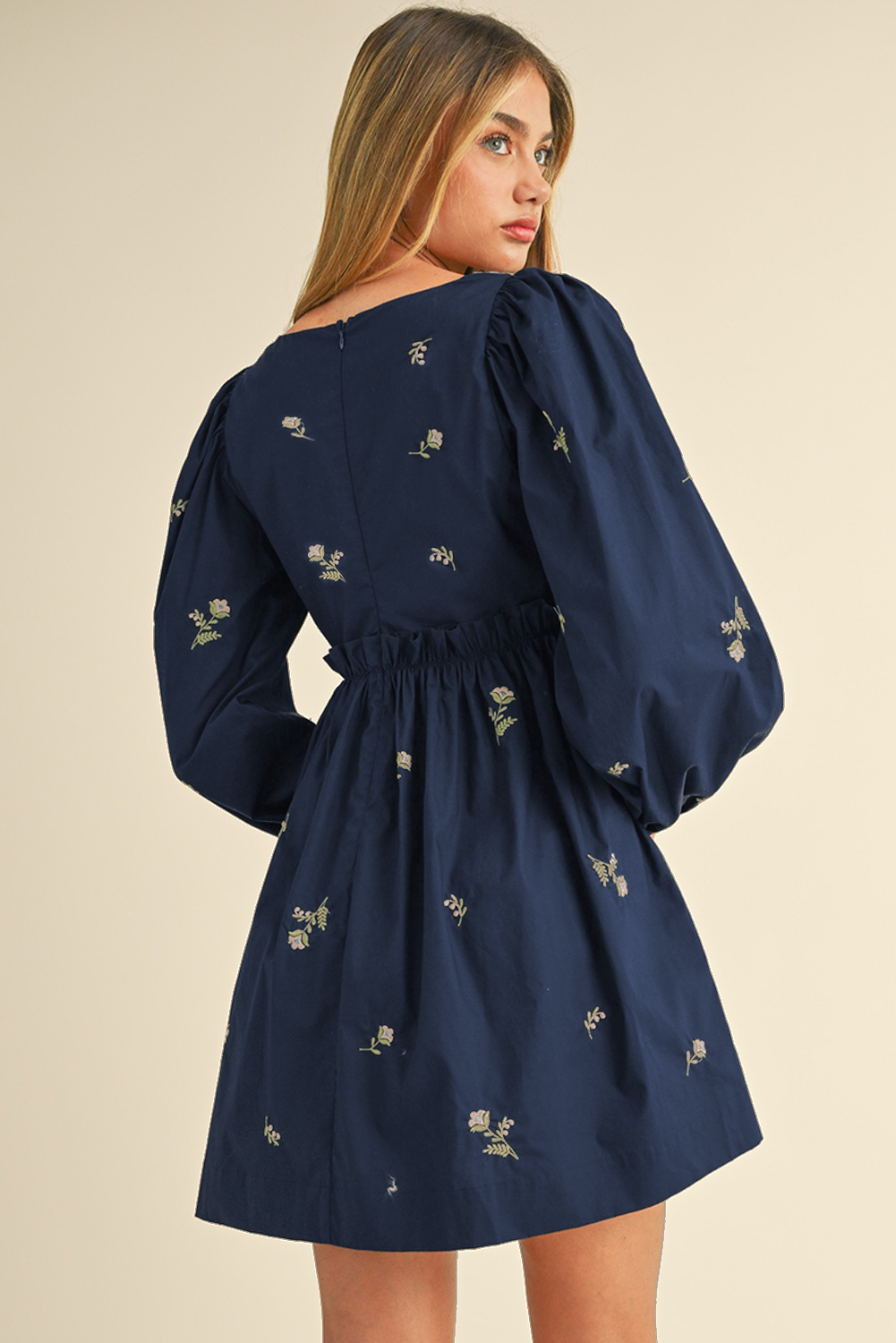 Blue Floral Embroidered Square Neck Puff Sleeve Ruffled Mini Dress-Dresses/Mini Dresses-[Adult]-[Female]-2022 Online Blue Zone Planet