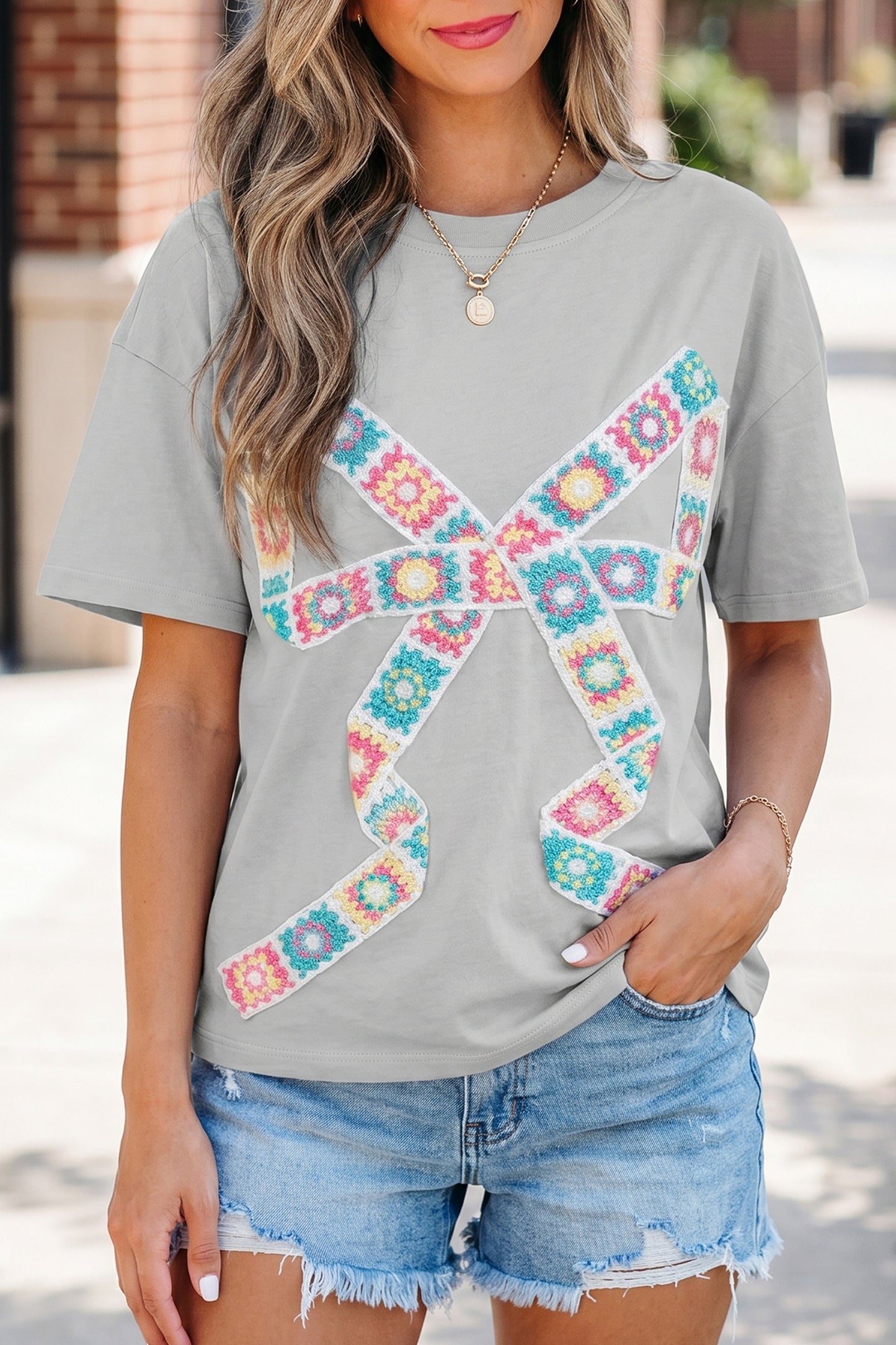 Light Grey Floral Crochet Ribbon Bow Patched Cotton T Shirt-Tops/Tops & Tees-[Adult]-[Female]-2022 Online Blue Zone Planet