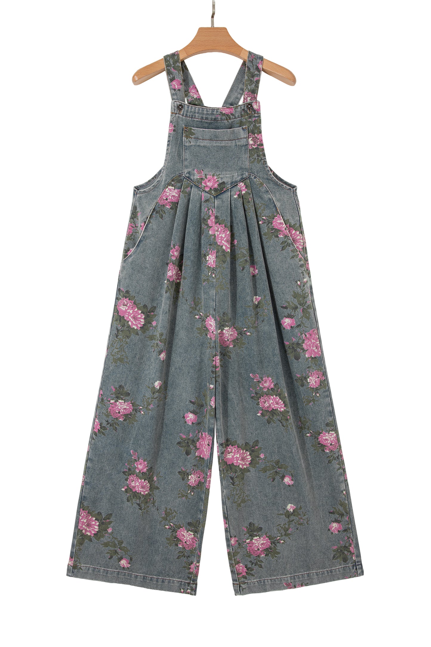 Blue Beau Floral Print Pleated High Waist Wide Leg Denim Jumpsuit-Bottoms/Jumpsuits & Rompers-[Adult]-[Female]-2022 Online Blue Zone Planet