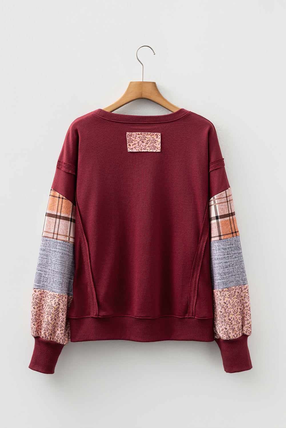 Red Sandalwood Plaid Colorblock Patchwork Sleeve Raw Seam Sweatshirt-Tops/Sweatshirts & Hoodies-[Adult]-[Female]-2022 Online Blue Zone Planet