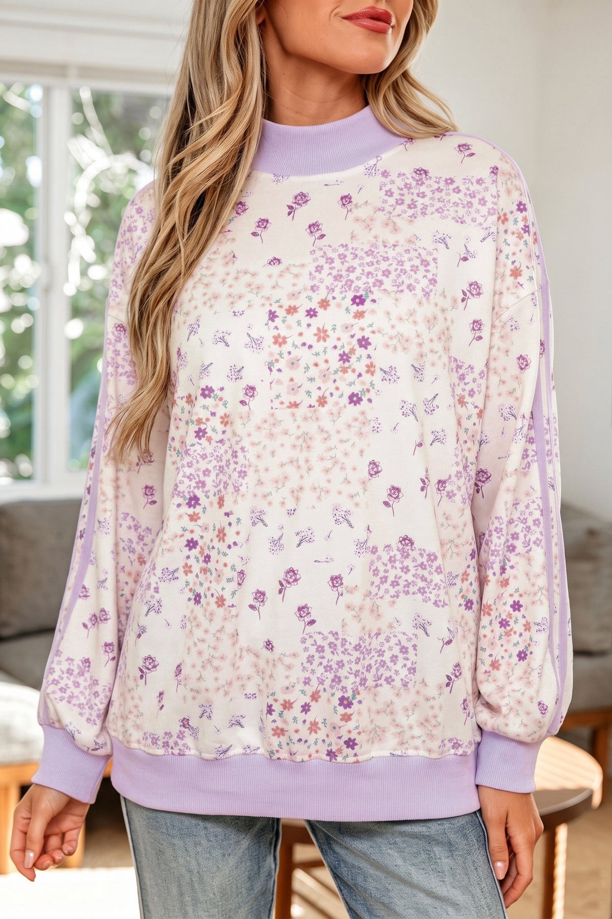 Purple Floral Print High Neck Colorblock Sleeve Paneling Sweatshirt-Tops/Sweatshirts & Hoodies-[Adult]-[Female]-2022 Online Blue Zone Planet