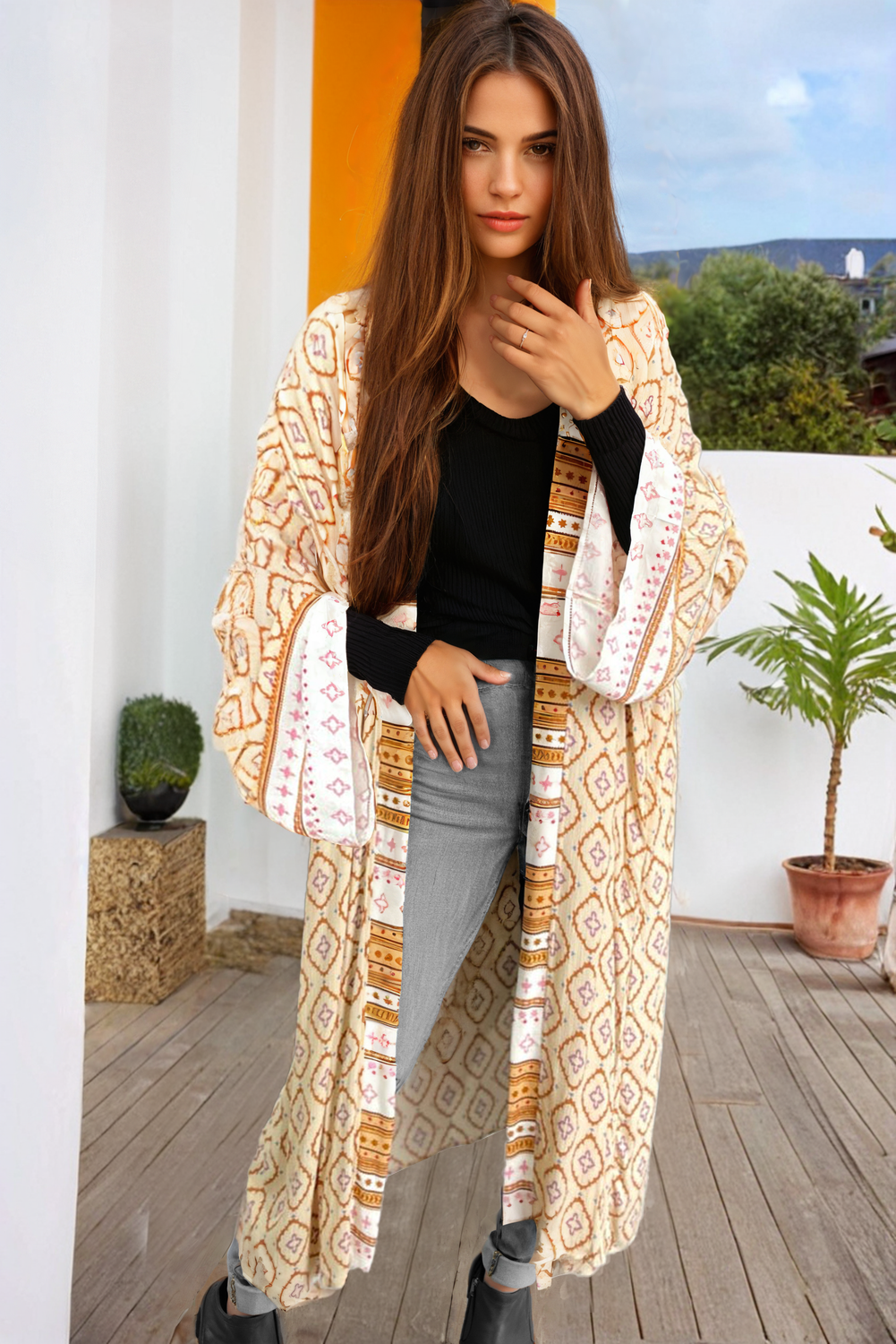 Blue Zone Planet | Yellow Bohemian Geometric Printed Loose Sleeve Long Kimono-Outerwear/Kimonos-[Adult]-[Female]-2022 Online Blue Zone Planet