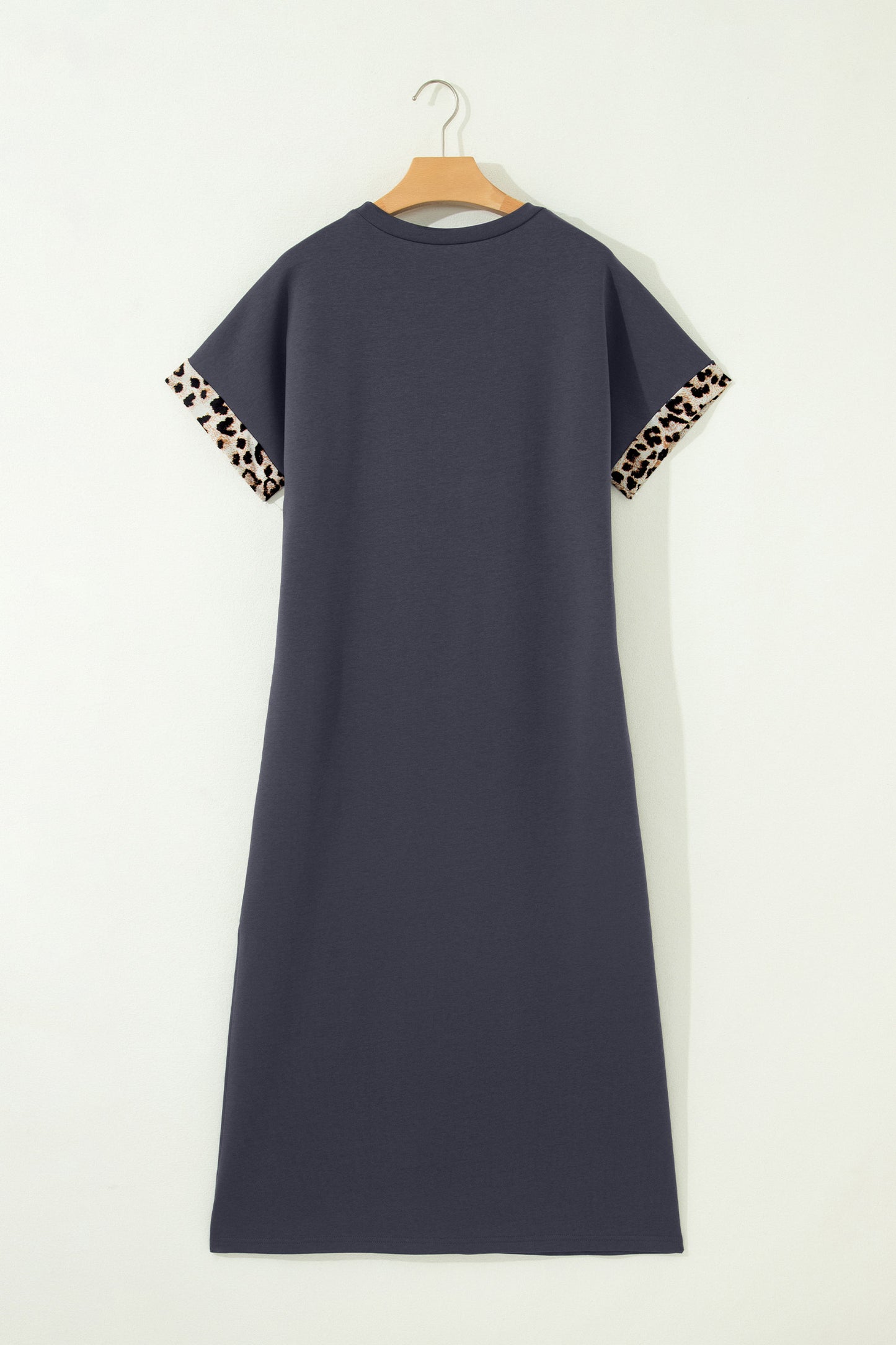 Dark Grey Contrast Leopard Bow Patched Short Sleeve T Shirt Long Dress-TOPS / DRESSES-[Adult]-[Female]-2022 Online Blue Zone Planet