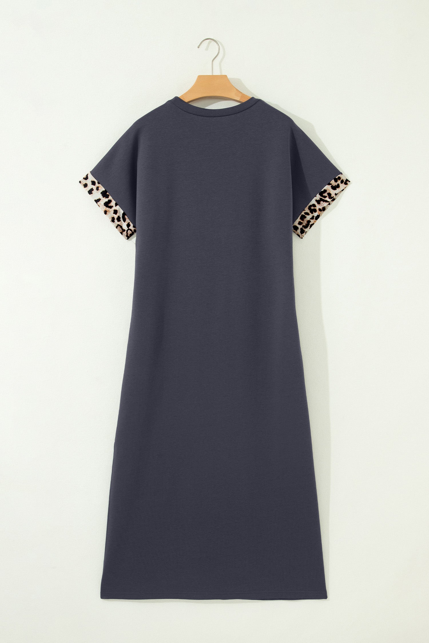 Dark Grey Contrast Leopard Bow Patched Short Sleeve T Shirt Long Dress-TOPS / DRESSES-[Adult]-[Female]-2022 Online Blue Zone Planet