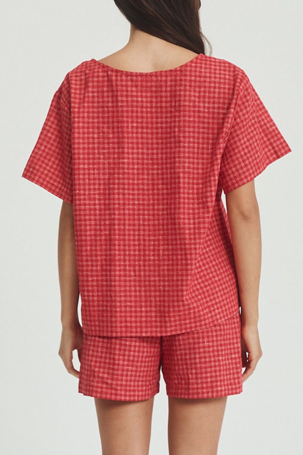 Plaid Tied Scoop Neck Short Sleeve Top and Drawstring Shorts Set-TOPS / DRESSES-[Adult]-[Female]-2022 Online Blue Zone Planet