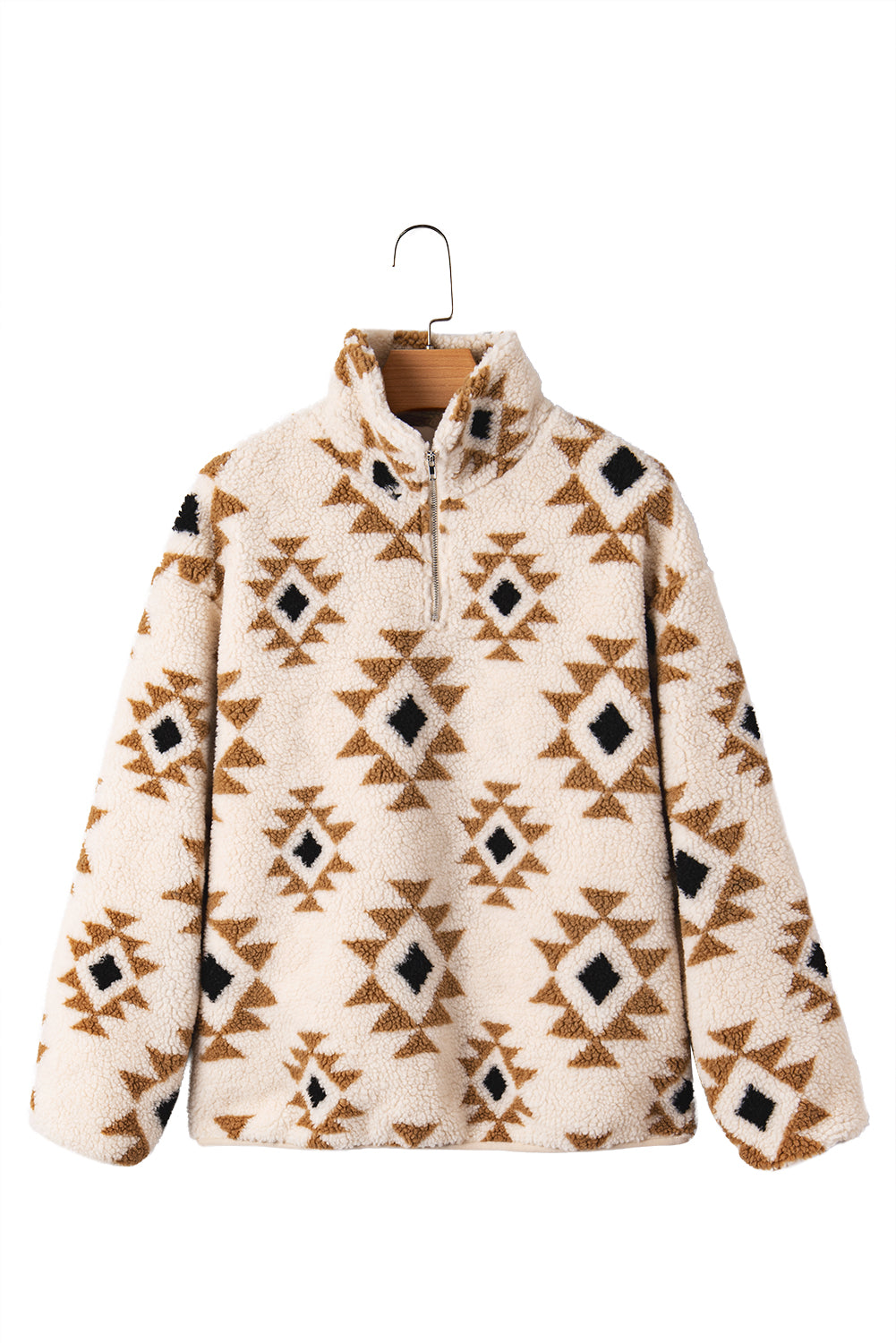 Khaki Aztec Print Sherpa Quarter Zip Collar Sweatshirt-Tops/Sweatshirts & Hoodies-[Adult]-[Female]-2022 Online Blue Zone Planet