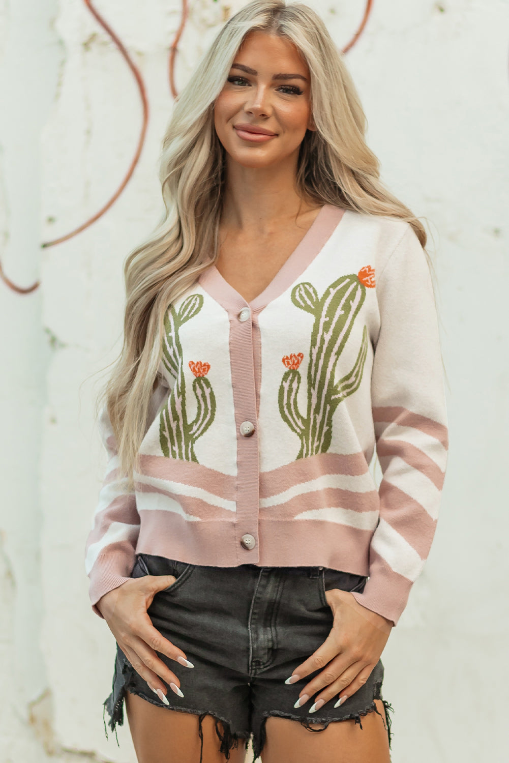 Apricot Desert Cactus Buttoned Front Sweater Cardigan Apricot / M / 52%Viscose+26%Polyester+22%Polyamide by Blue Zone Planet