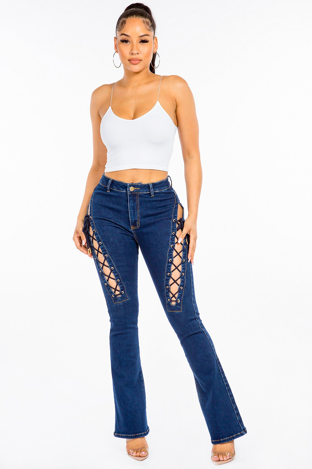 Blue Zone Planet | American Bazi High Rise Lace Up Jeans-TOPS / DRESSES-[Adult]-[Female]-2022 Online Blue Zone Planet