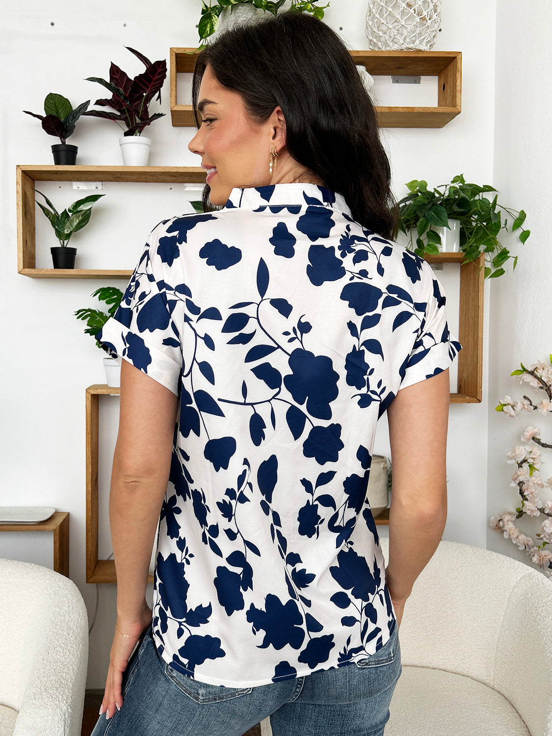 Flower Notched Short Sleeve Blouse-TOPS / DRESSES-[Adult]-[Female]-2022 Online Blue Zone Planet