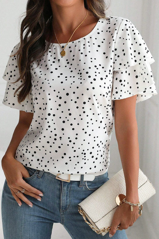 White Dalmatian Print Layered Ruffled Short Sleeve Blouse-Tops/Blouses & Shirts-[Adult]-[Female]-White-S-2022 Online Blue Zone Planet