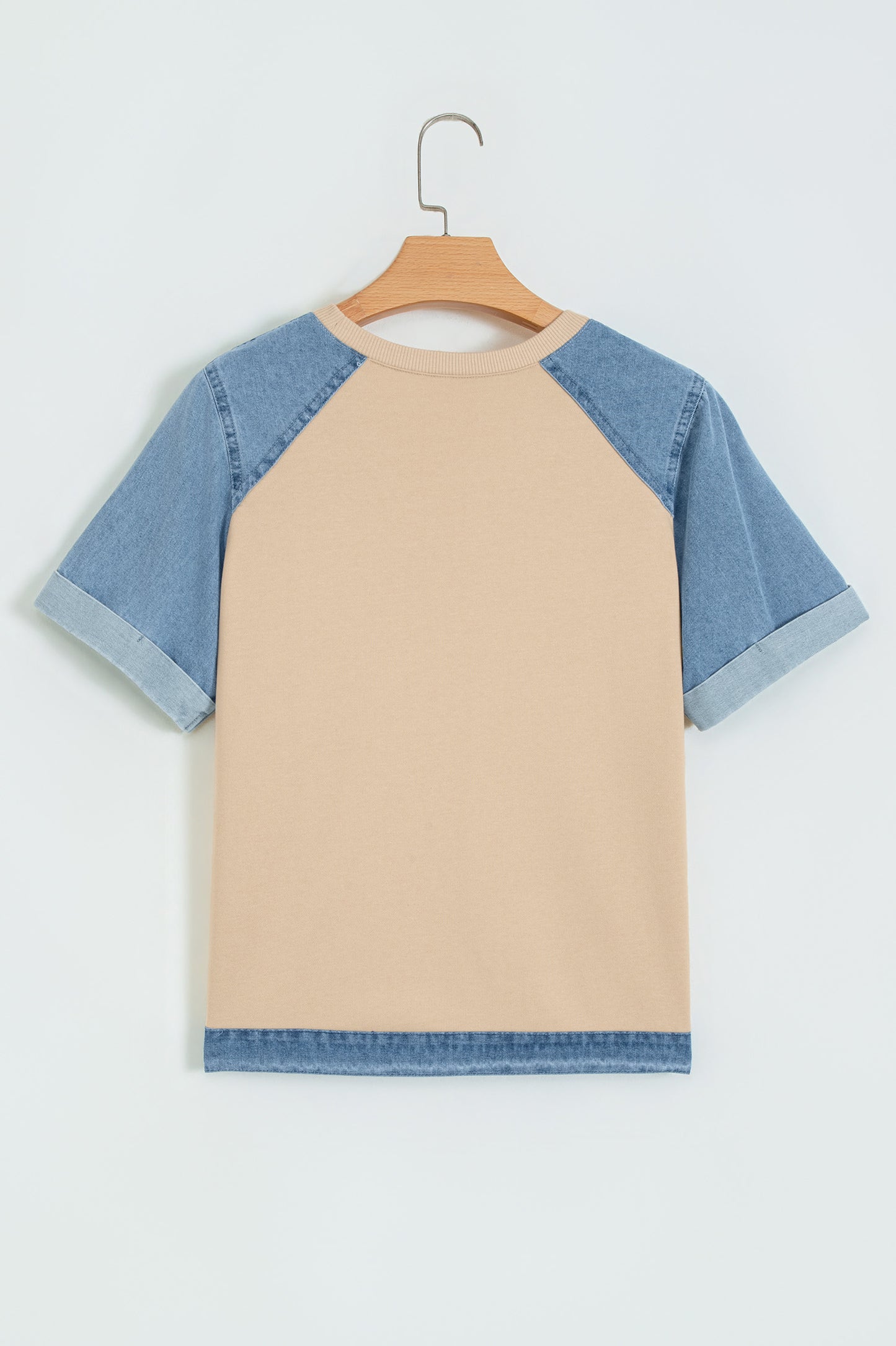 Beige Denim Color Block Patchwork Round Neck Tee-Tops/Tops & Tees-[Adult]-[Female]-2022 Online Blue Zone Planet