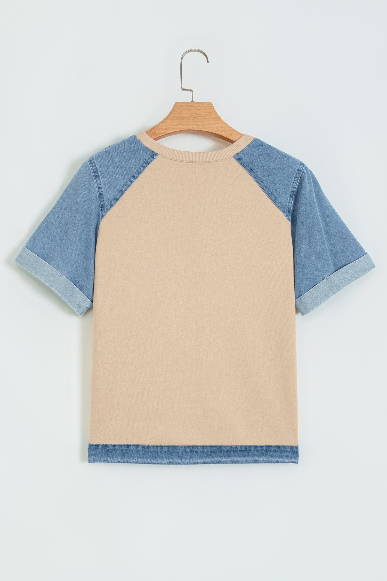 Beige Denim Color Block Patchwork Round Neck Tee-Tops/Tops & Tees-[Adult]-[Female]-2022 Online Blue Zone Planet