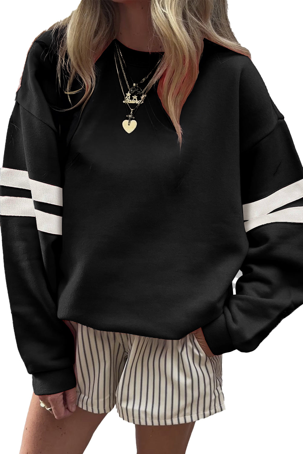 Black Varsity Striped Detail Drop Shoulder Oversized Sweatshirt-Tops/Sweatshirts & Hoodies-[Adult]-[Female]-2022 Online Blue Zone Planet