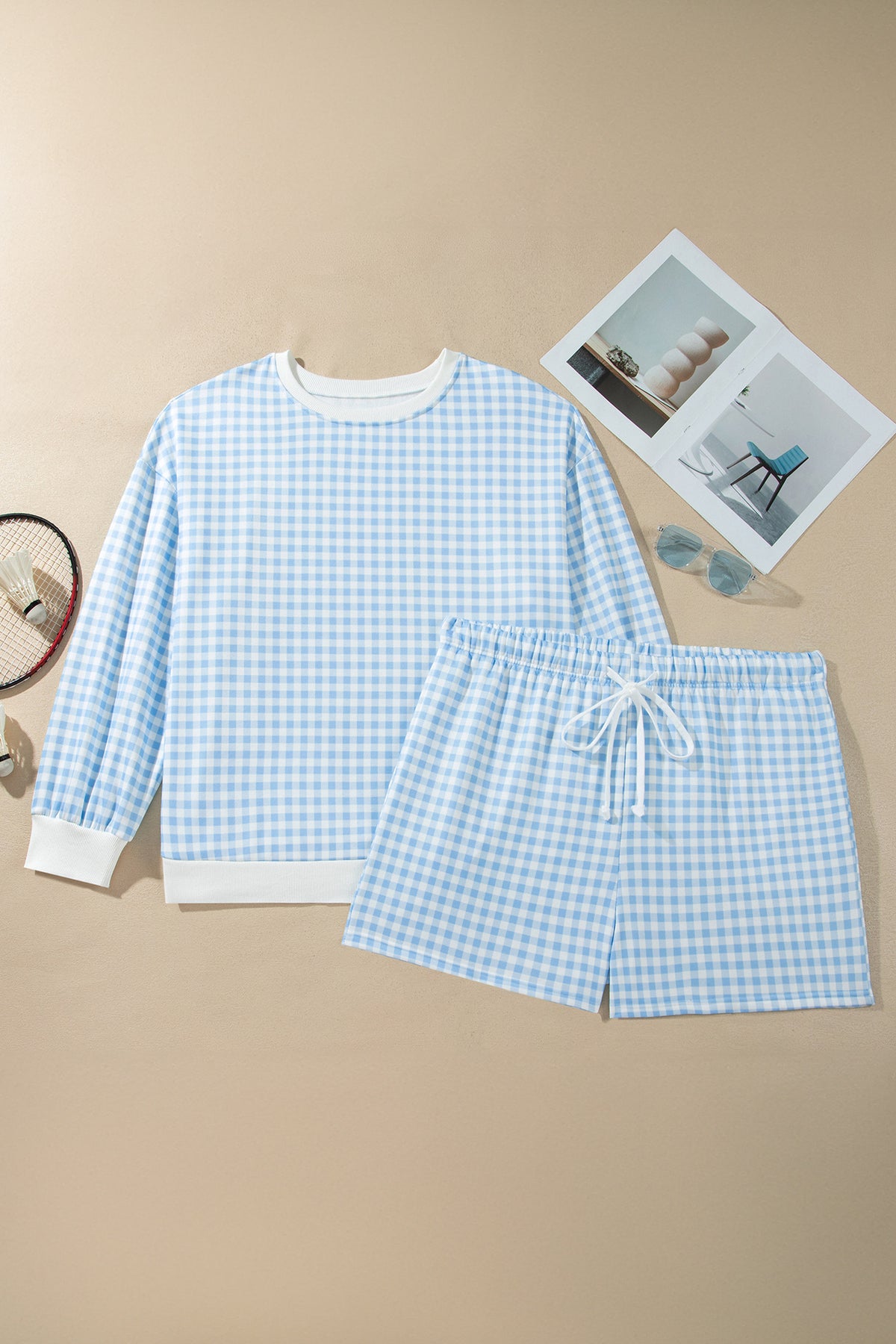Sky Blue Gingham Loose Pullover Top Drawstring Shorts Plus Size Set-Plus Size/Plus Size Loungewear-[Adult]-[Female]-2022 Online Blue Zone Planet