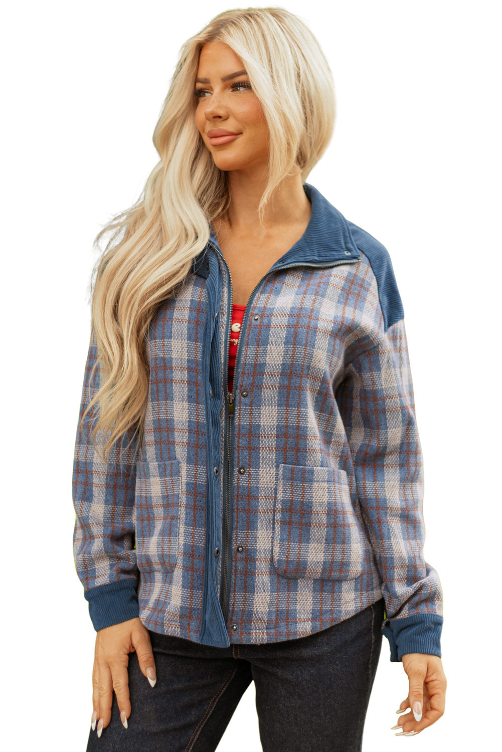 Gray Plaid Corduroy Patchwork Collared Zip Up Snap Button Jacket-Outerwear/Plaid Shackets-[Adult]-[Female]-2022 Online Blue Zone Planet