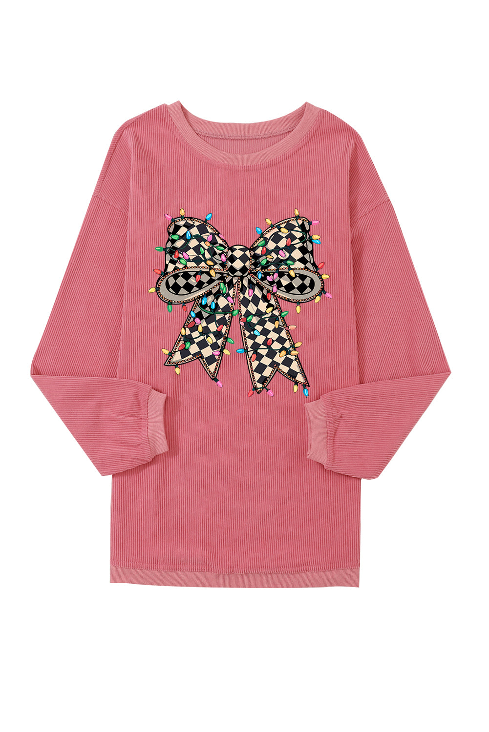 Strawberry Pink Checkered Bow Print Ribbed Crew Neck Pullover Sweatshirt-Graphic Sweatshirts-[Adult]-[Female]-2022 Online Blue Zone Planet