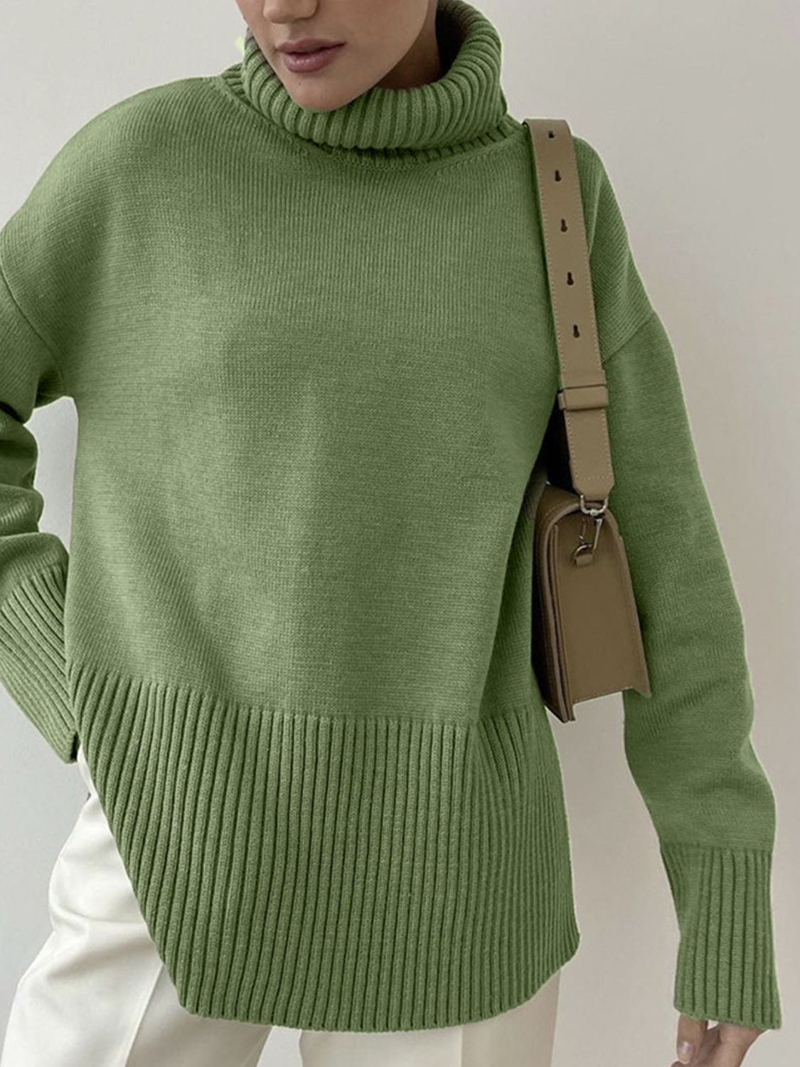 Side Slit Turtleneck Drop Shoulder Sweater-TOPS / DRESSES-[Adult]-[Female]-2022 Online Blue Zone Planet