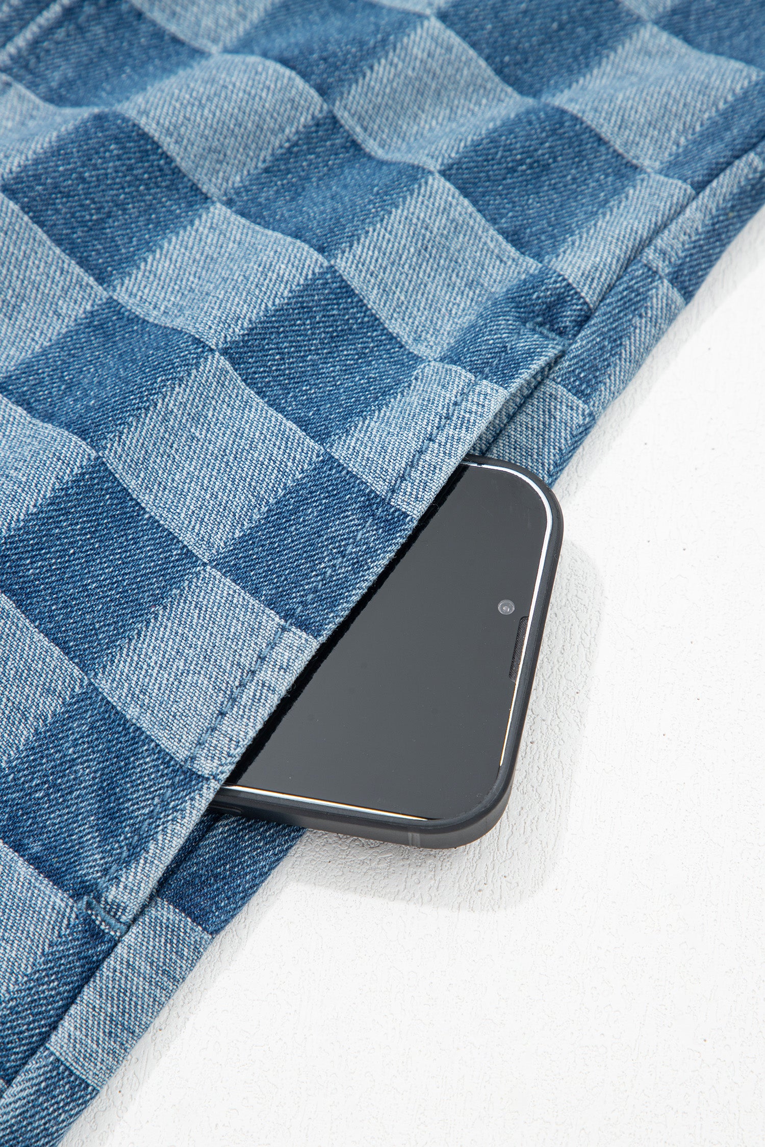 Sky Blue Frayed Hem Checkered Denim Mini Dress-TOPS / DRESSES-[Adult]-[Female]-2022 Online Blue Zone Planet