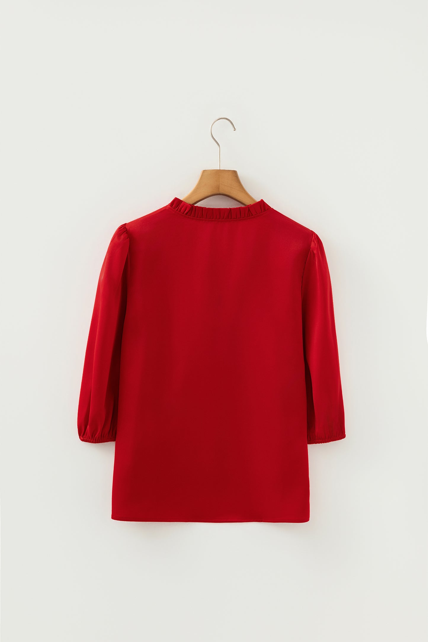 Fiery Red Solid Color Frilled V Neck Bow Detail 3/4 Sleeve Blouse-Tops/Blouses & Shirts-[Adult]-[Female]-2022 Online Blue Zone Planet