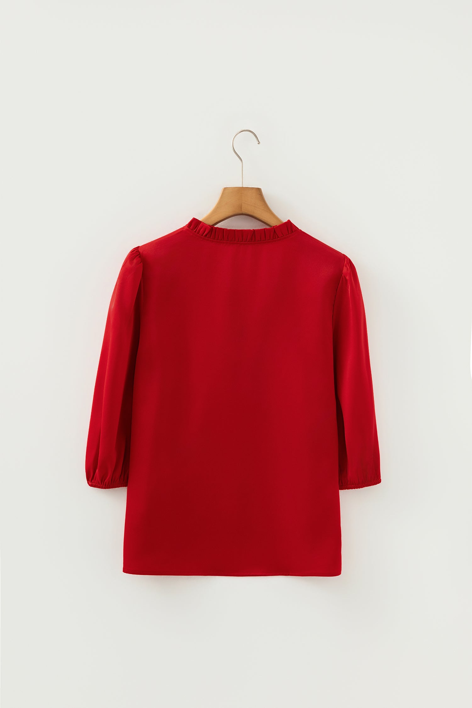 Fiery Red Solid Color Frilled V Neck Bow Detail 3/4 Sleeve Blouse-Tops/Blouses & Shirts-[Adult]-[Female]-2022 Online Blue Zone Planet
