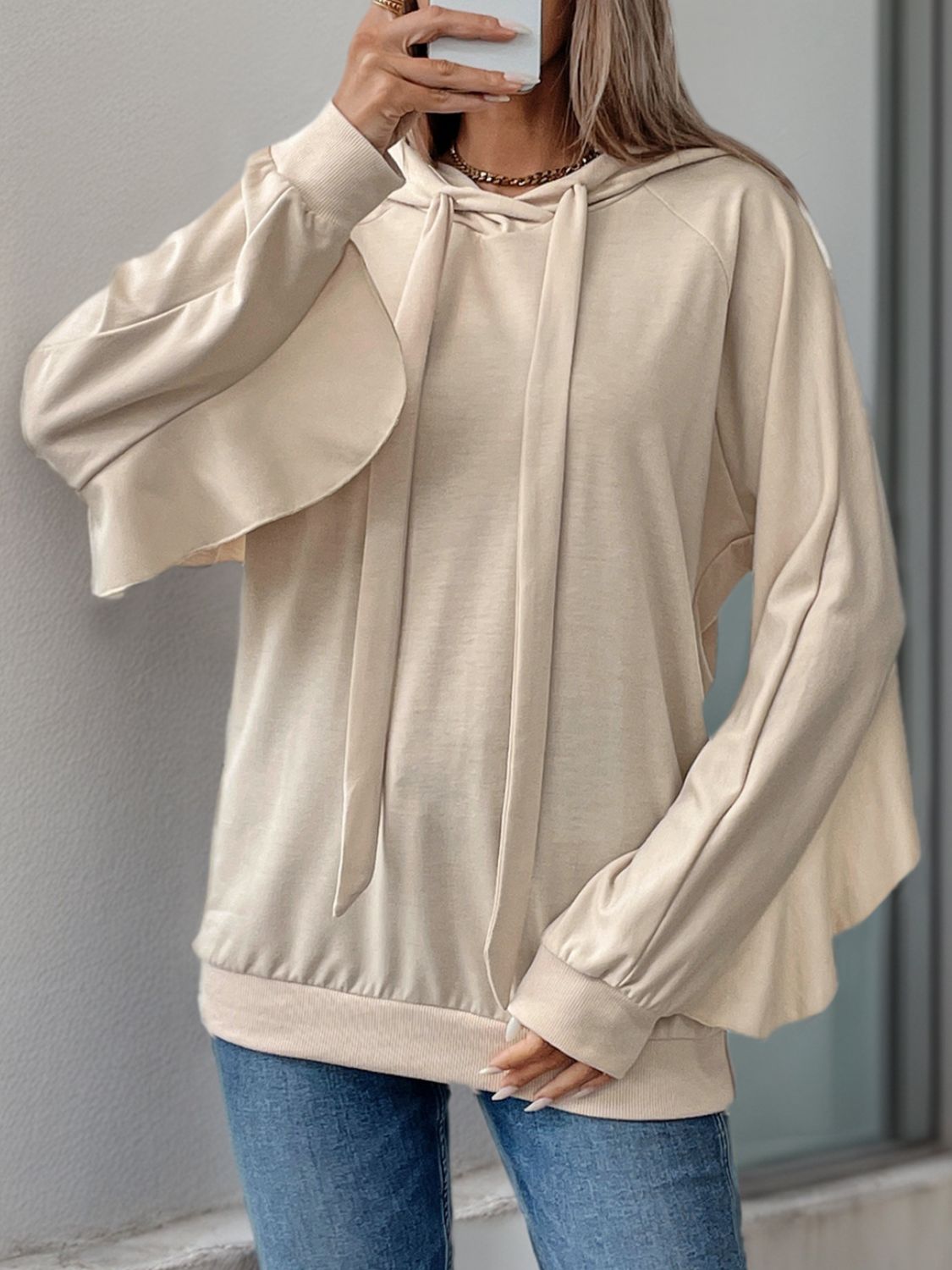 Perfee Drawstring Ruffled Long Sleeve Hoodie-TOPS / DRESSES-[Adult]-[Female]-2022 Online Blue Zone Planet