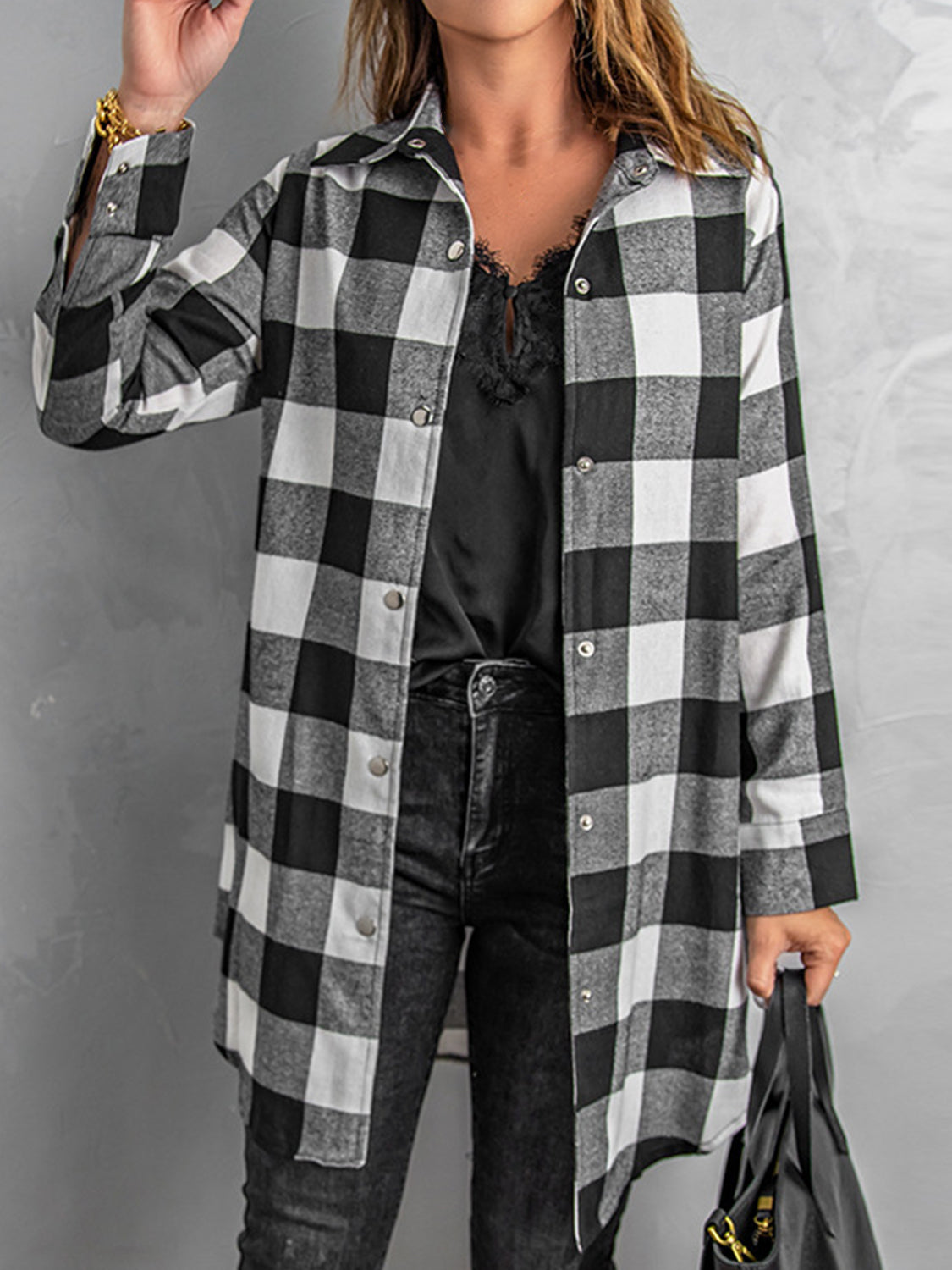 Blue Zone Planet | Plaid Snap Down Long Sleeve Jacket-TOPS / DRESSES-[Adult]-[Female]-Black-S-2022 Online Blue Zone Planet