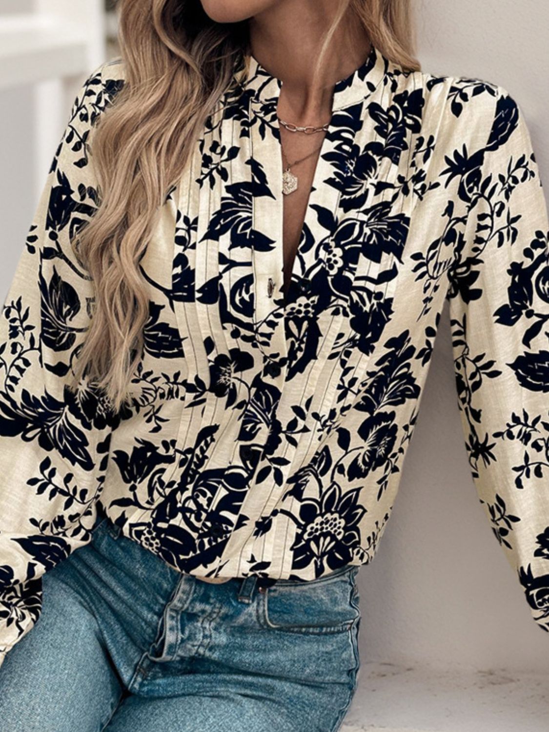 Perfee Printed Notched Long Sleeve Shirt-TOPS / DRESSES-[Adult]-[Female]-2022 Online Blue Zone Planet