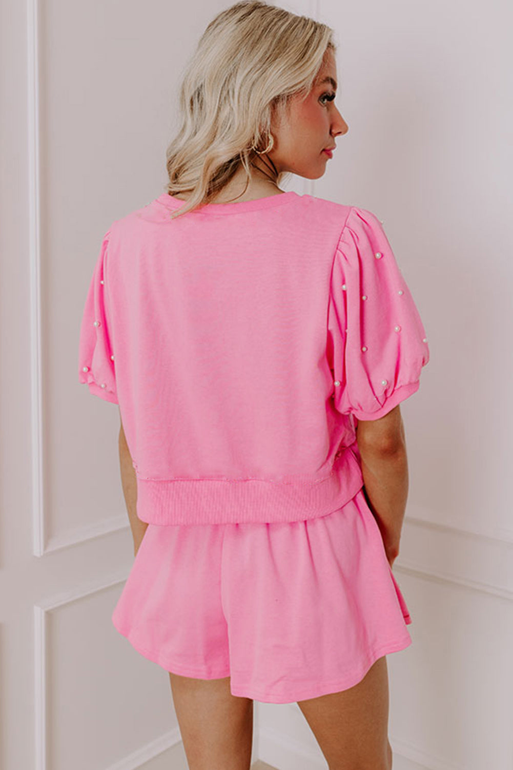 Pink Contrast Bow Trim Pearl Puff Sleeve Blouse and Skort 2pcs Set-Two Piece Sets/Short Sets-[Adult]-[Female]-2022 Online Blue Zone Planet