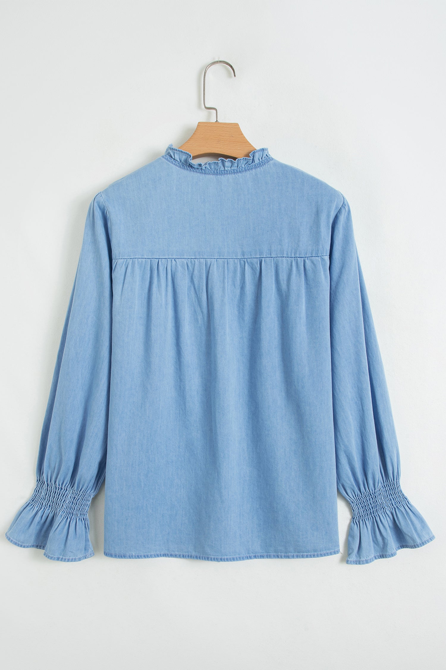 Beau Blue Western Ruffle V Neck Long Sleeve Chambray Blouse-Tops/Blouses & Shirts-[Adult]-[Female]-2022 Online Blue Zone Planet