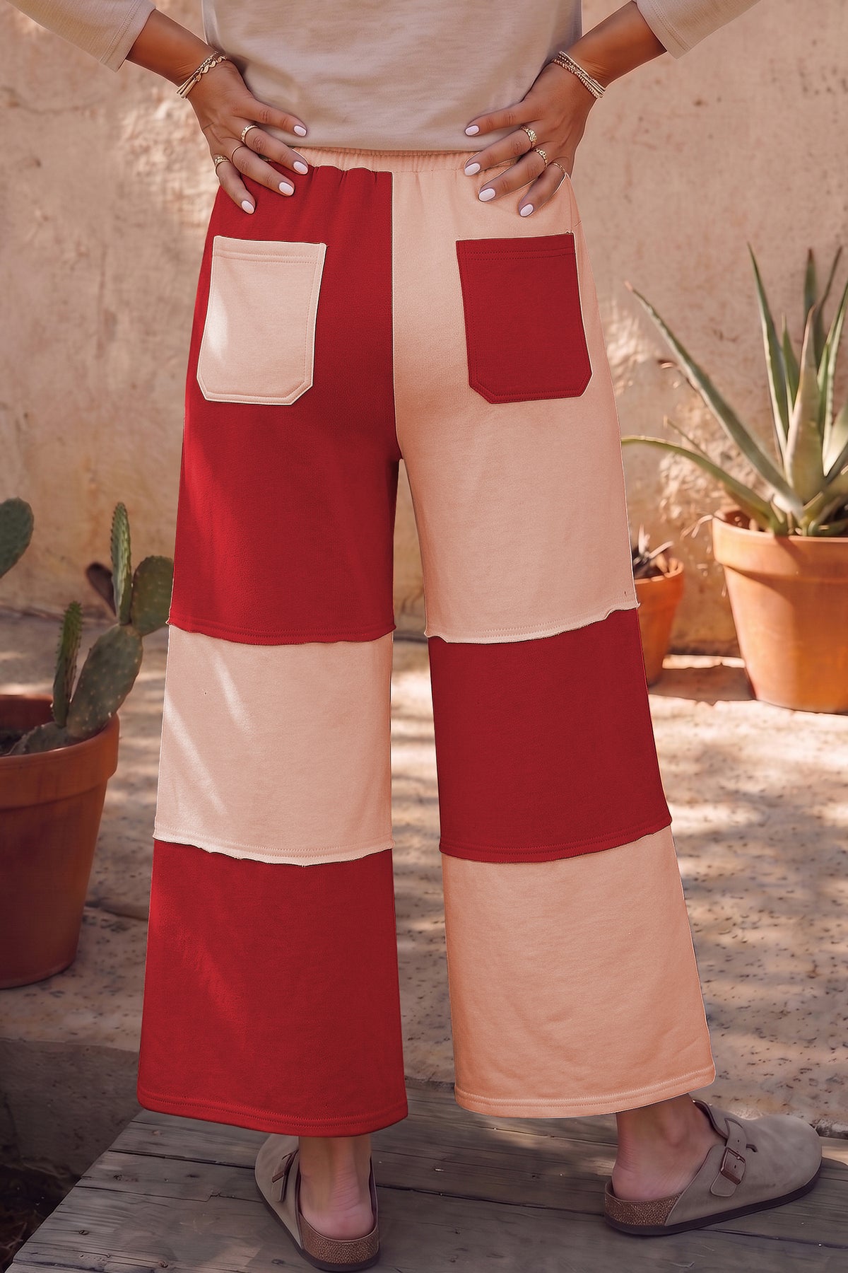 Fiery Red Raw Seam Colorblock Wide Leg Ankle Length Casual Pants-Bottoms/Pants & Culotte-[Adult]-[Female]-2022 Online Blue Zone Planet