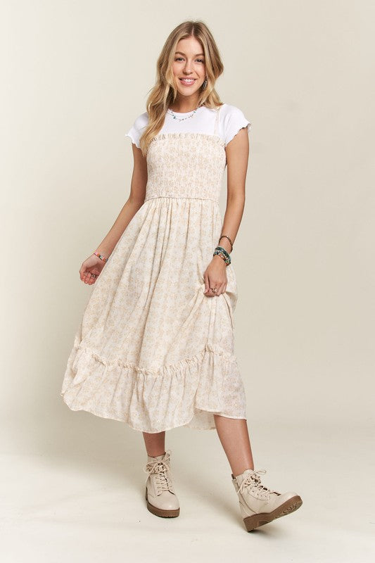 ADORA Smocked Floral Ruffled Hem Cami Dress-TOPS / DRESSES-[Adult]-[Female]-Apricot-S-2022 Online Blue Zone Planet