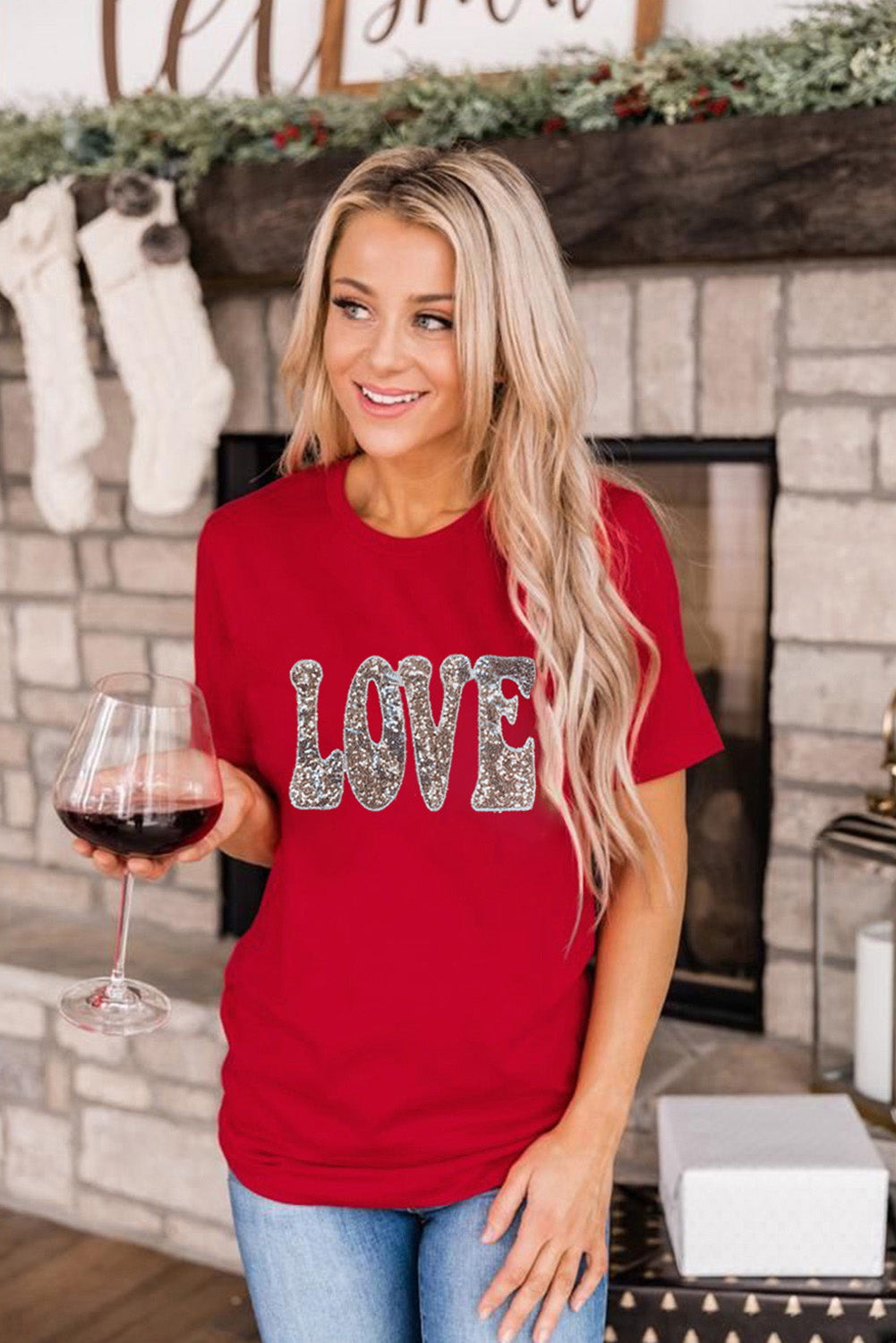Red Sequined LOVE Letter Valentines T-shirt-Graphic/Graphic Tees-[Adult]-[Female]-2022 Online Blue Zone Planet