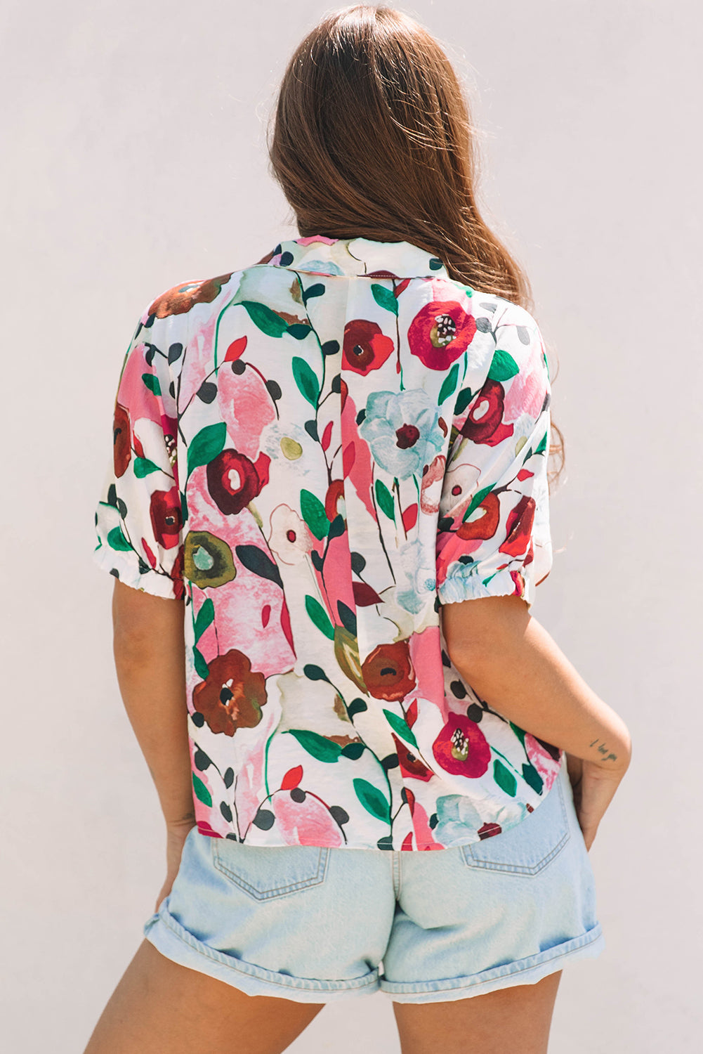 Pink Floral Print Slit V Neck Short Sleeve Blouse-Tops/Blouses & Shirts-[Adult]-[Female]-2022 Online Blue Zone Planet