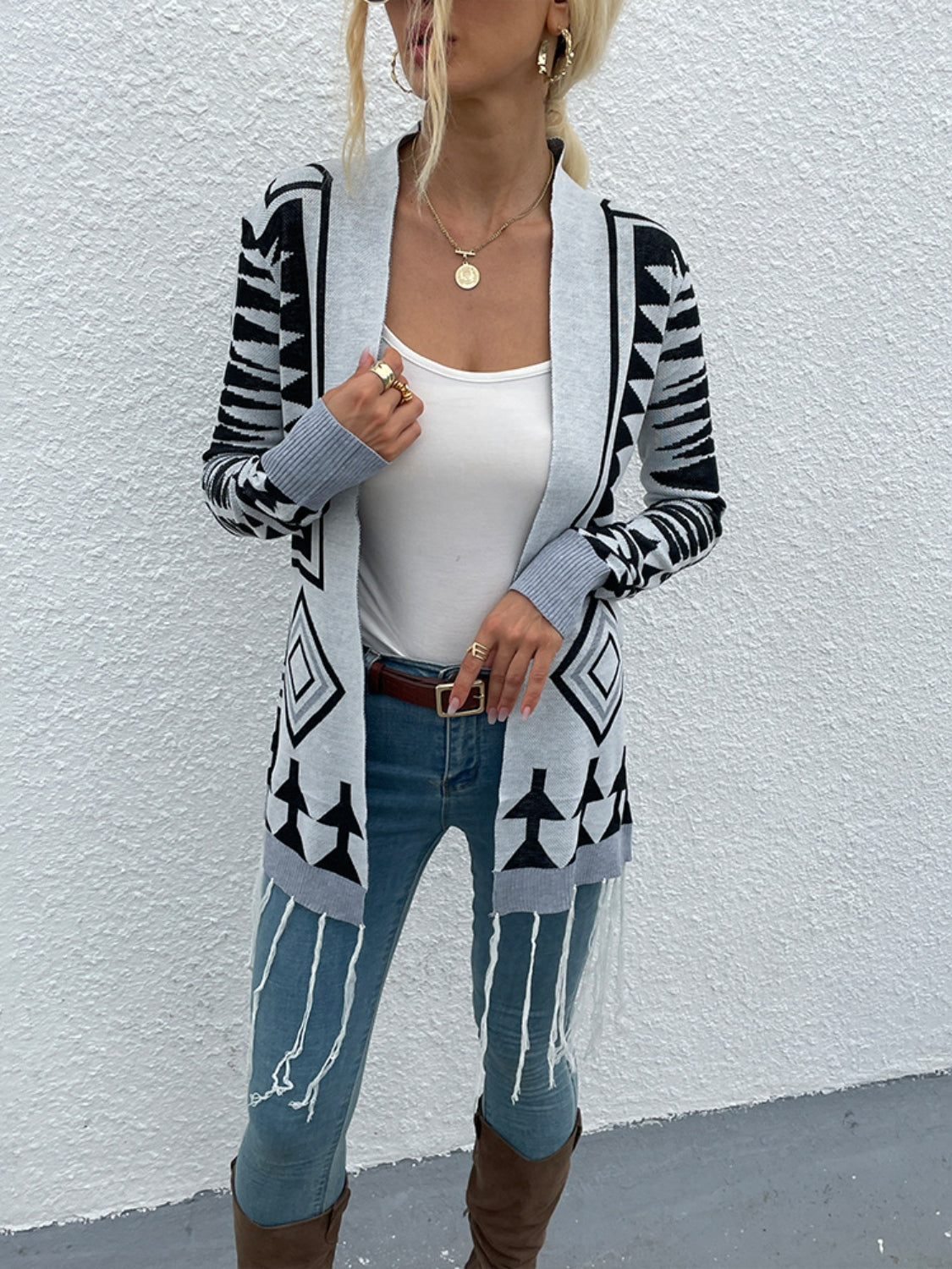 Geometric Fringe Hem Open Front Cardigan BLUE ZONE PLANET