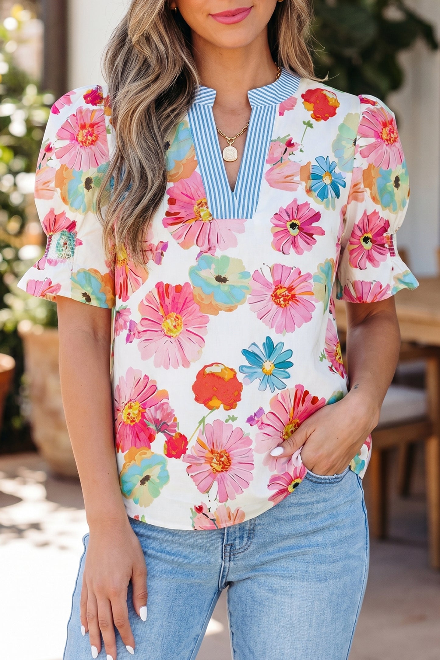 Beige Floral Print Short Puff Sleeve Striped Trim V Neck Blouse-Tops/Blouses & Shirts-[Adult]-[Female]-Beige-S-2022 Online Blue Zone Planet