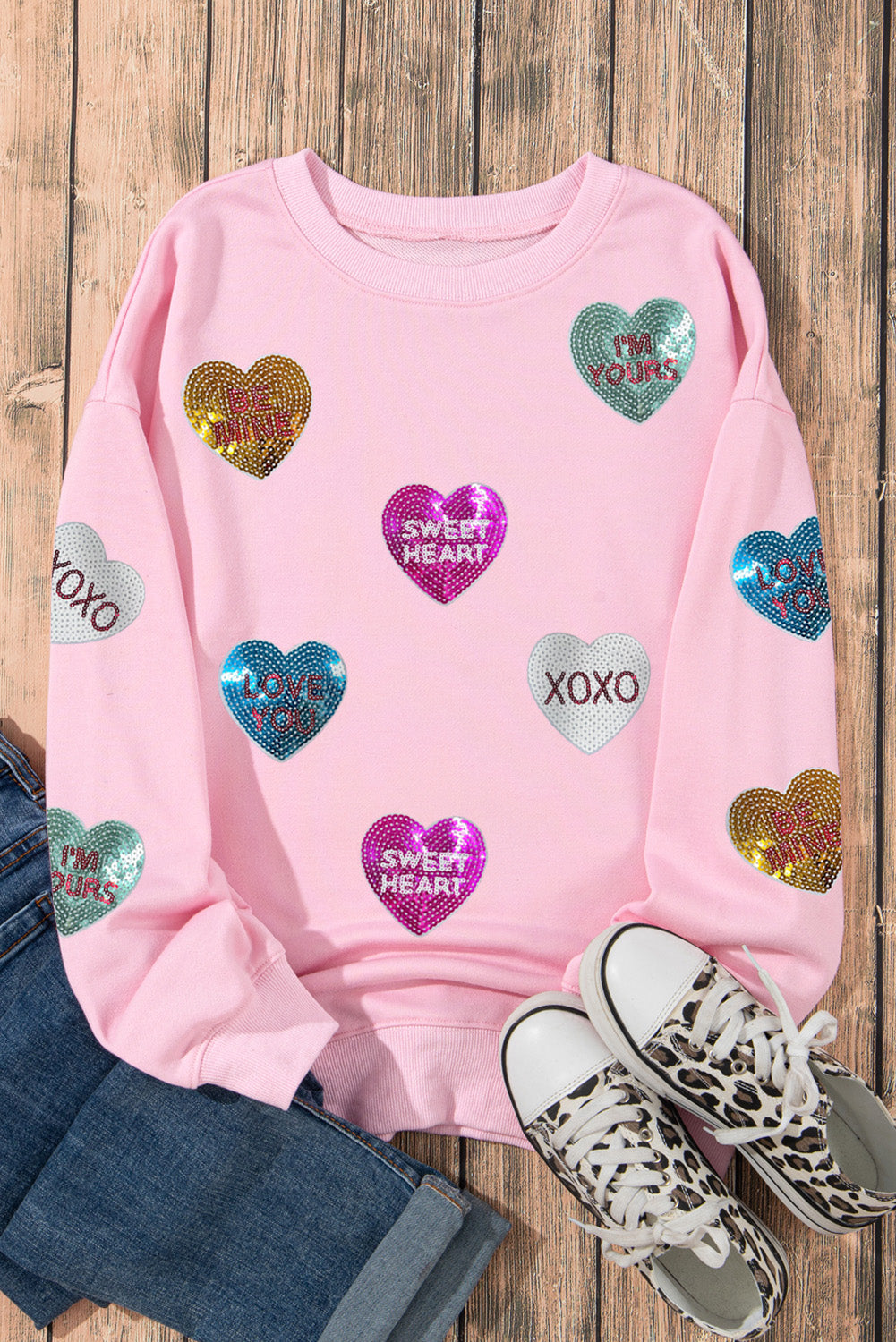 Pink Sequin Romantic Sweet Heart Graphic Valentines Sweatshirt-Graphic Tees-[Adult]-[Female]-2022 Online Blue Zone Planet