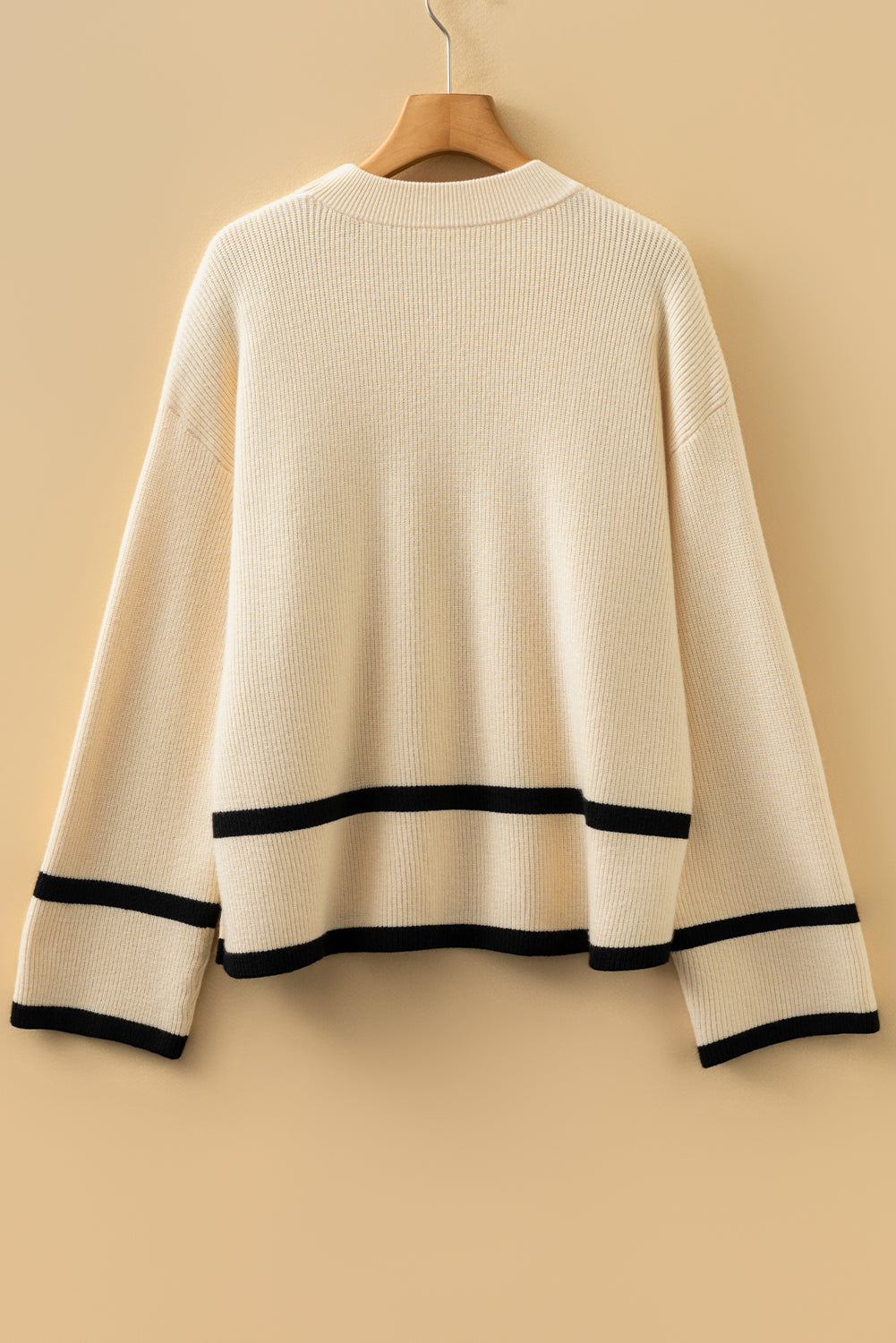 Beige Ribbed Knit Contrasted Stripe Detail Button Side Loose Sweater-Sweaters & Cardigans/Sweaters-[Adult]-[Female]-2022 Online Blue Zone Planet