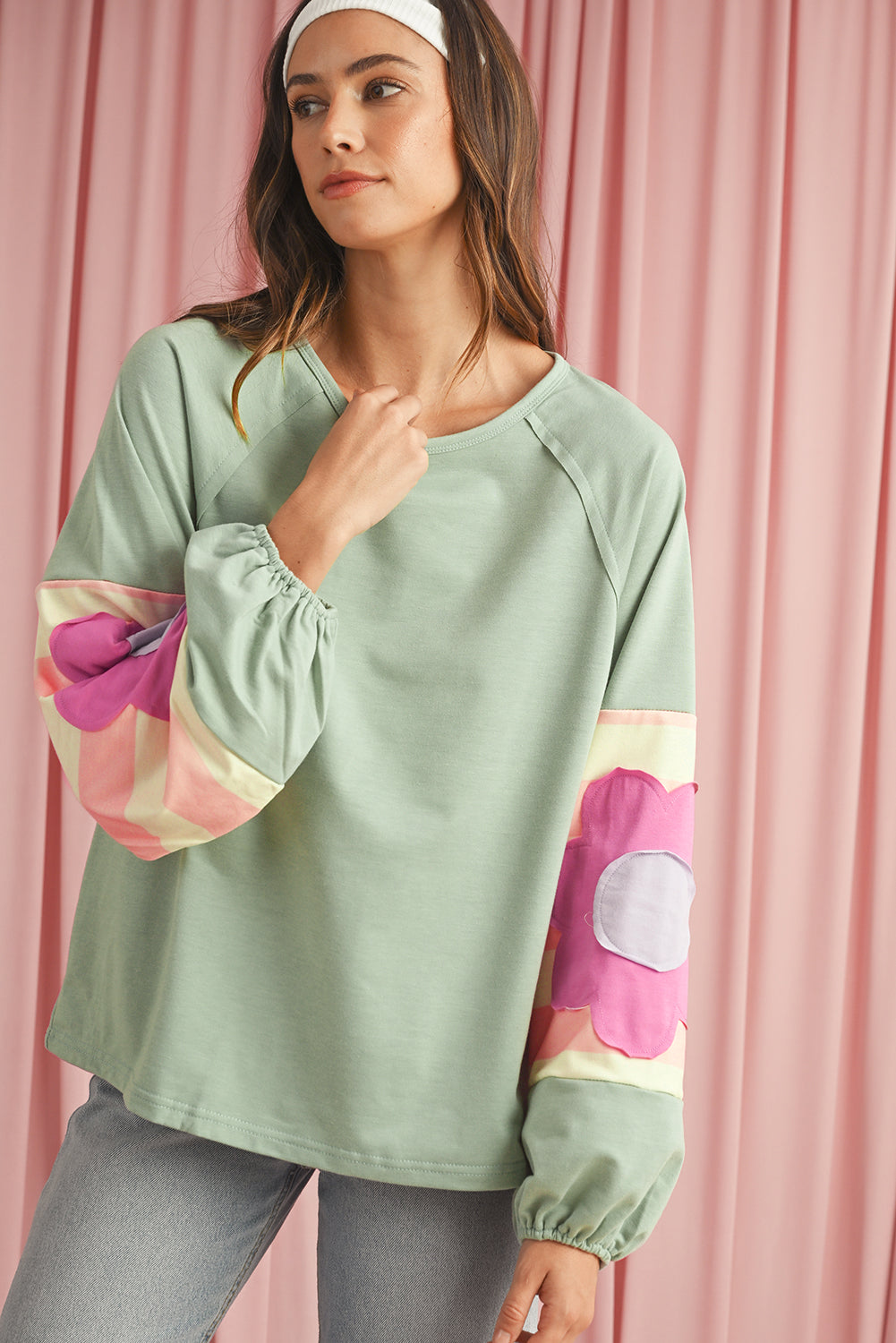 Blue Zone Planet | Smoke Green Flower Patchwork Exposed Seam Raglan Sleeve Top-Long Sleeve Tops-[Adult]-[Female]-2022 Online Blue Zone Planet