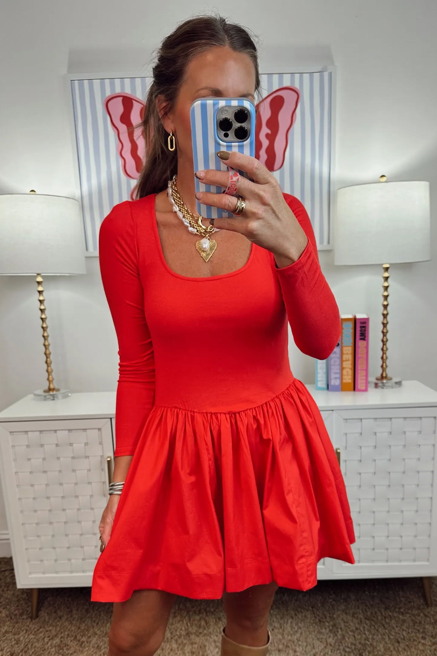 Fiery Red U Neck Long Sleeve Fit and Flare Short Dress-Dresses/Mini Dresses-[Adult]-[Female]-2022 Online Blue Zone Planet