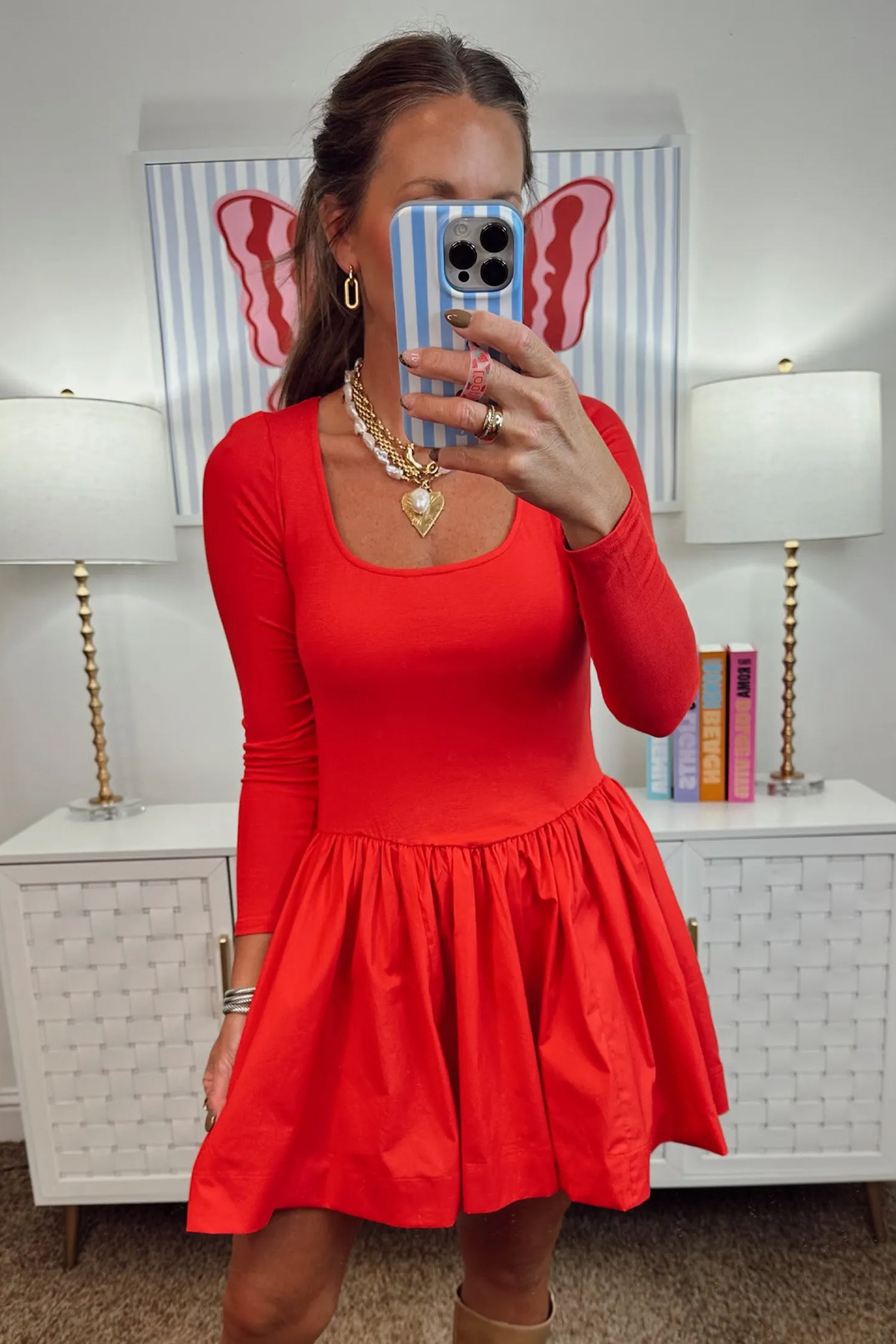 Fiery Red U Neck Long Sleeve Fit and Flare Short Dress-Dresses/Mini Dresses-[Adult]-[Female]-2022 Online Blue Zone Planet