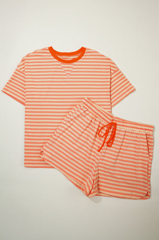 Pink Stripe Drop Shoulder T Shirt and Shorts Plus Size Summer Set-Plus Size/Plus Size Loungewear-[Adult]-[Female]-2022 Online Blue Zone Planet