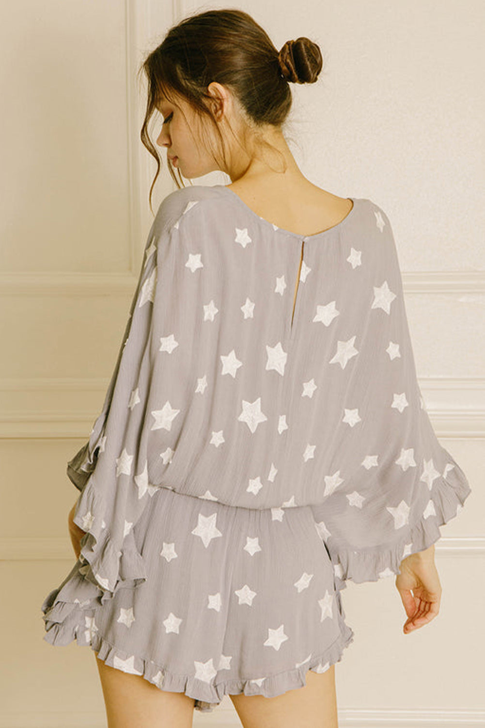 Gray Star Print Crinkle Textured Kimono Ruffle Sleeve Romper-Bottoms/Jumpsuits & Rompers-[Adult]-[Female]-2022 Online Blue Zone Planet